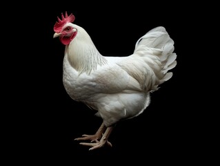 A white chicken stands on a black background