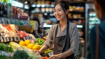 Employee worker working on foot stand in a grocery store.