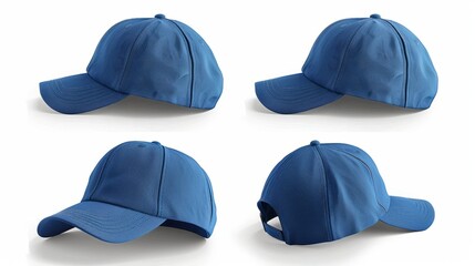 Blue baseball cap in four different angle views. 