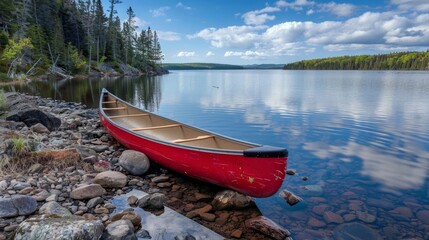 A red canoe rests on a rocky shore by a calm blue lake.