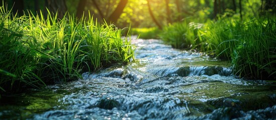 Stream flowing through lush green forest