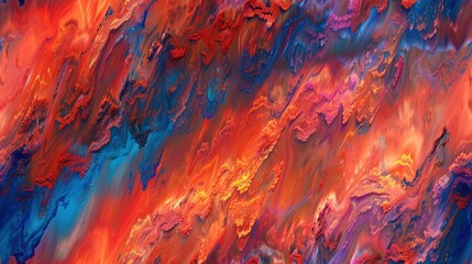  Red, orange, and blue abstract painting with paint streaks at the base