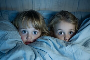 Wideeyed young siblings express fear under a blanket in a dimly lit bedroom, portraying a sense of childhood fears