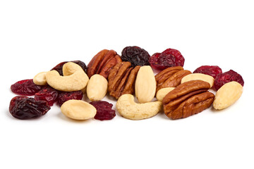 Healthy snack: mixed nuts and dried fruits, isolated on white background