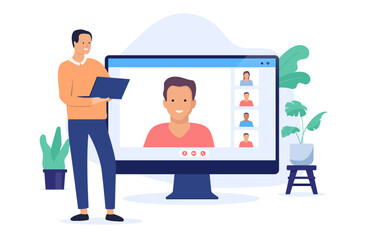 Person in online meeting - Man standing with computer working while having a team conversation with colleagues about business and work. Remote working concept in flat design vector illustration