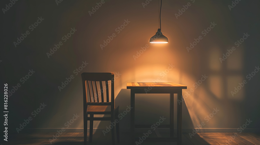 Aufkleber an empty wood dining table and chair with a lighting lamp glowing lonely abstract feeling home inter