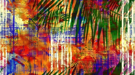 Naklejka premium A vibrant portrayal of a female visage, adorned with verdant palm fronds on one side