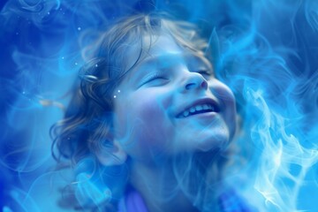 Enchanting photo capturing the laughter of a young child amidst swirls of blue smoke, evoking a sense of wonder