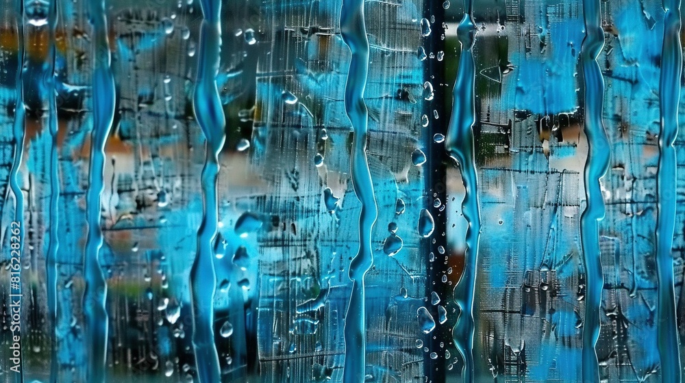 Poster a close-up of a window with water droplets on the glass, and a building with a red light shining thr