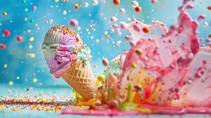 Delicious ice cream explosion on blue background