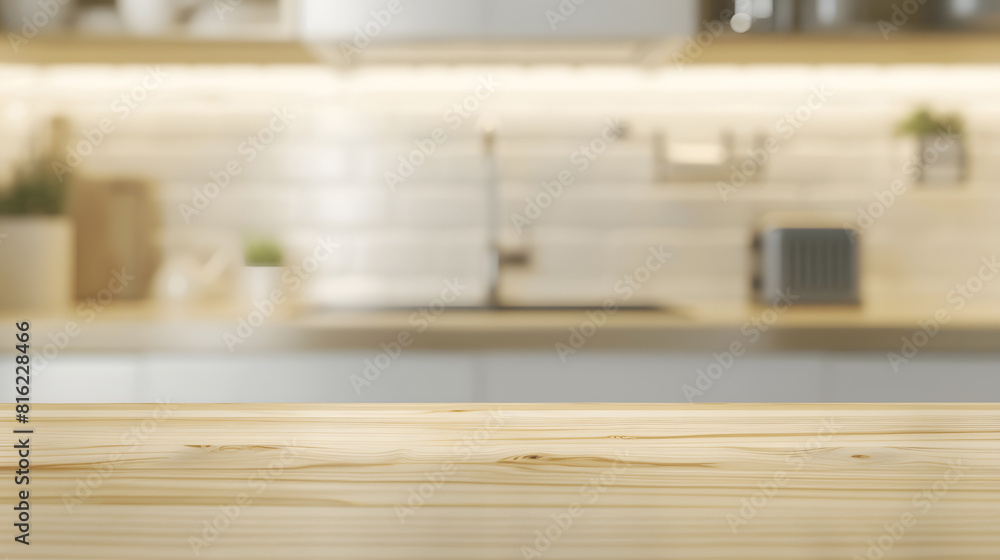 Poster Selective focusEnd grain wood counter table top on blur white minimal kitchen backgroundFor montage product display or design key visual : Generative AI