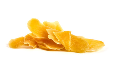 Dried mango pieces, isolated on white background