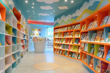 Cheerful kids' bookstore with vibrant shelves, playful decor, and a wide selection of books
