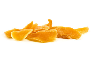 Dried mango pieces, isolated on white background
