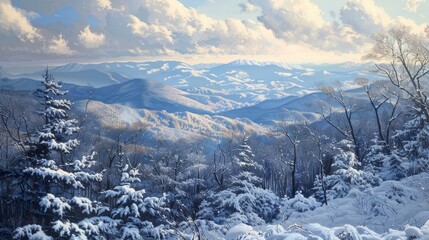 A picturesque view of the Blue Ridge Mountains covered in snow.

