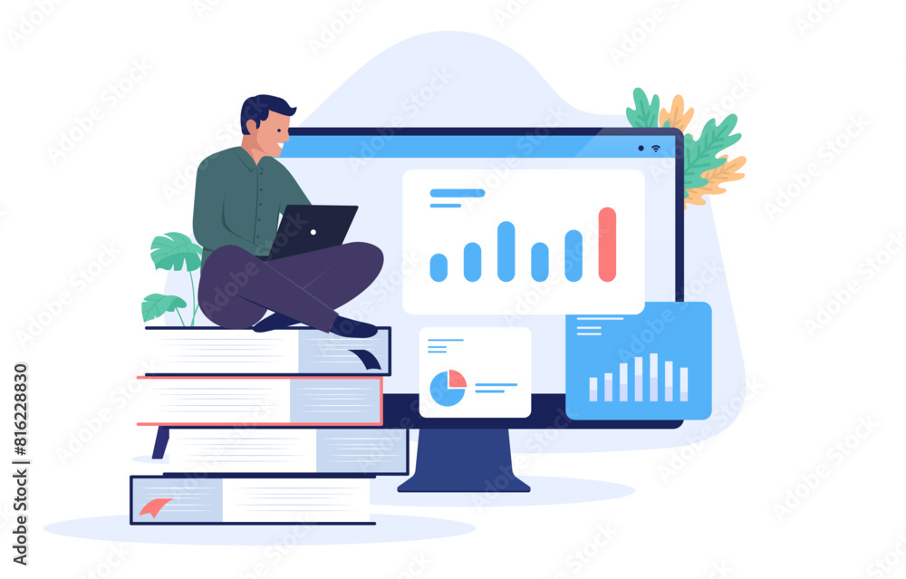 Fototapete man learning and studying business charts and graphs while sitting on stack of books with laptop, wo