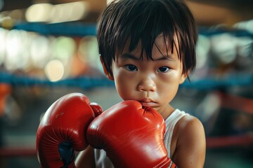 Determined young child boxer wearing red gloves training in the gym. Focusing on boxing ring. Displaying discipline and ambition. Embodying a fierce and protective sportsmanship