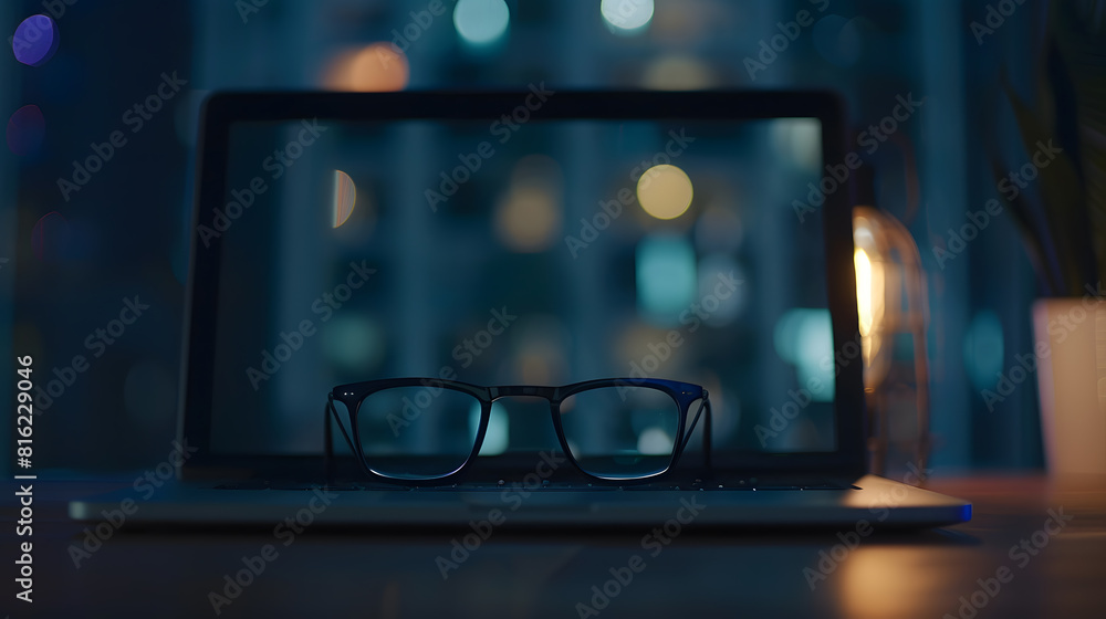 Poster laptop screen laptop computer notebook copy space and eyeglasses sitting on a desk in a large open p