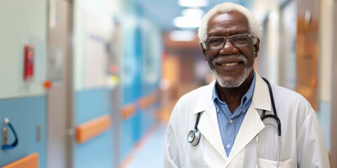 Portrait of an elderly African American doctor in a clinic corridor.