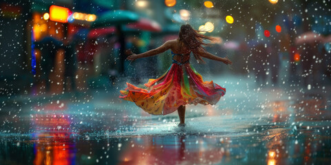 Blurred in motion, charming woman in a bright colorful dress dances under heavy rain on the road. Traffic lights in the reflection of puddles.