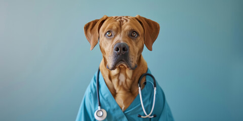 Portrait of a dog in a veterinarian or doctor uniform on a blue background. Animal dressed in medical coat.