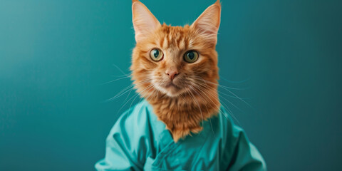 Portrait of a ginger cat in a veterinarian or doctor uniform on a green background. Animal dressed in medical coat.