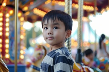 Portrait of a young boy with a subtle smile captured with carousel lights in the background