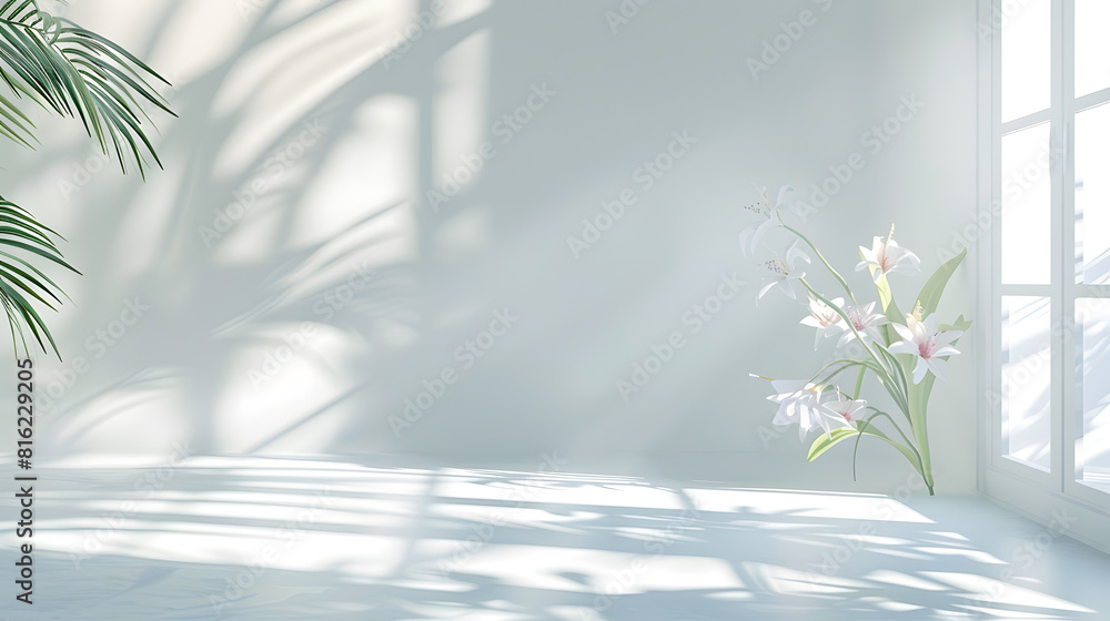 Fototapete Abstract white studio background for product presentation Empty room with shadows of window and flowers and palm leaves  3d room with copy space Summer concert Blurred backdrop : Generative AI