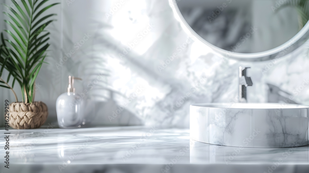 Fototapete Marble counter table top in bath room background can be used mock up for montage products display or design layout : Generative AI