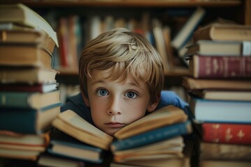 Portrait of a child with expressive eyes among piles of old books
