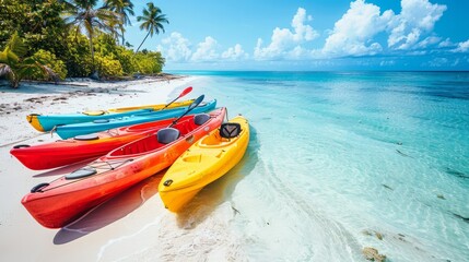 Brightly colored kayaks lined up on a tropical beach.

