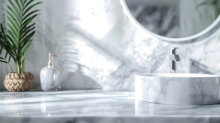 Fototapeta premium Marble counter table top in bath room background can be used mock up for montage products display or design layout : Generative AI