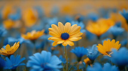 Beautiful field is adorned with an array of vibrant yellow and blue flowers