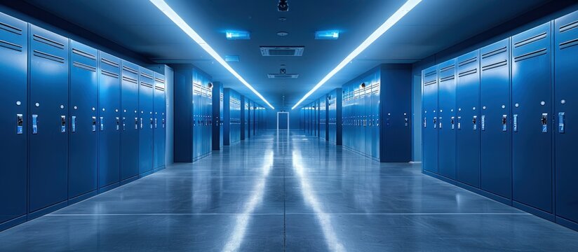 A hallway stretches into the distance, lined with blue lockers on each side. The hallway is empty and quiet.
