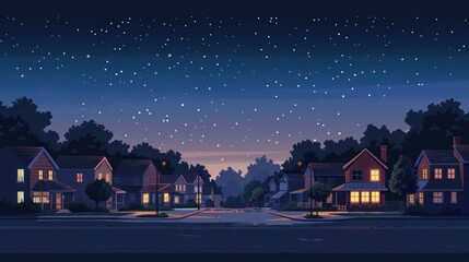 An illustration of a quiet suburban street at night, featuring a house with lights on, under a dark sky.

