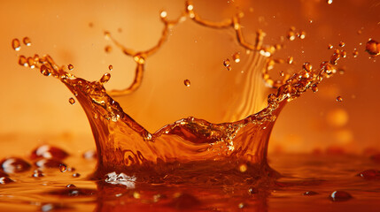  closeup of the splash from an orange liquid, with droplets and ripples in midair, set against a warm background