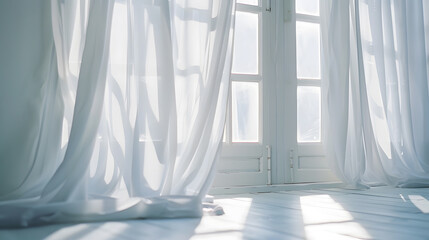 Backlit window with white curtains in empty room : Generative AI