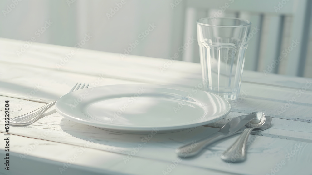 Poster an empty flat plate an empty glass tumbler and cutlery on a white wooden table table setting : gener
