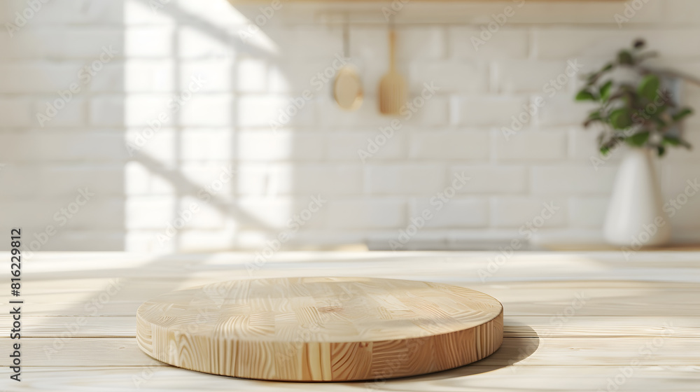 Poster empty beautiful round wood tabletop counter on interior in clean and bright kitchen background ready