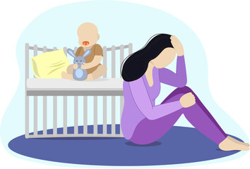 Postpartum depression simple illustration. Postpartium depression upset, sad mother crying at baby crib, depressed desperate mom tired woman after pregnancy, young parent flat illustration