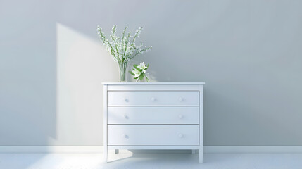 White modern dresser minimalistic furniture in empty room on grey wall background small cupboard with decor vases and lily of the valley flowers bouquet cozy apartment house interior c : Generative AI
