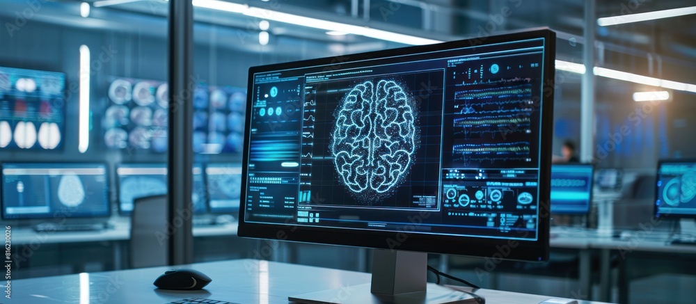 Poster advanced technology displaying brain image on computer screen