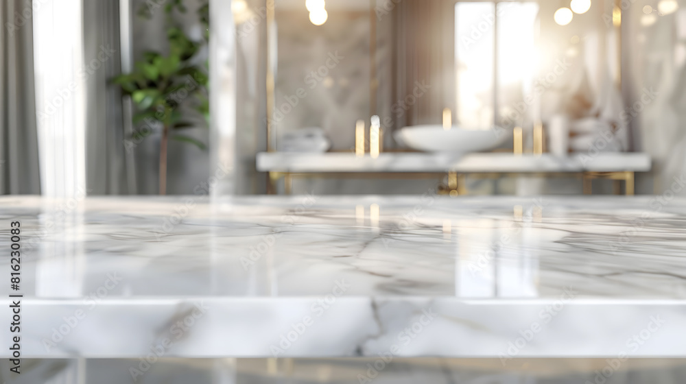 Poster empty marble top table with blurred bathroom interior background for product display montage : gener
