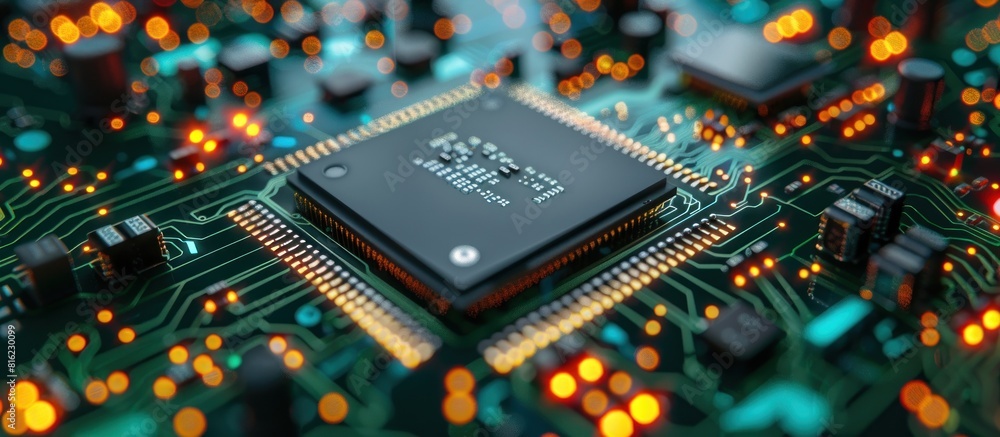 Poster detailed view of a cpu chip placed on a circuit board, showing intricate electronic components in vi