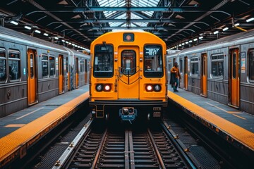 Fototapeta premium Yellow Train Parked in Subway Station