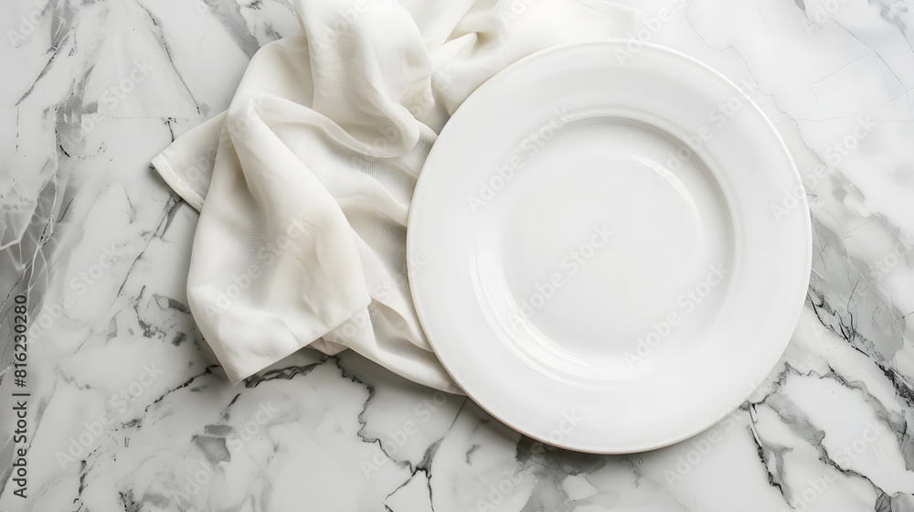 Poster empty white plate and napkin on light grey marble table flat lay : generative ai