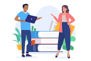 People and books - Adult man and woman standing in front of stack of school and learning book, talking and discussing. Education, research and knowledge concept in flat design vector illustration