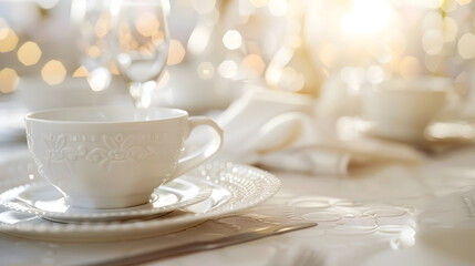 Fototapeta premium Beautiful background view of the expensive and luxurious white tablecloth covered with tablecloth with tableware and dishes in a large festive hall and interior : Generative AI