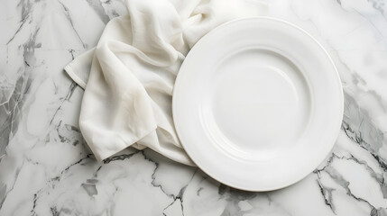 Empty white plate and napkin on light grey marble table flat lay : Generative AI