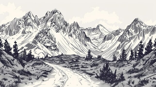 Hand-drawn hiking road in an alpine rocky mountain landscape.